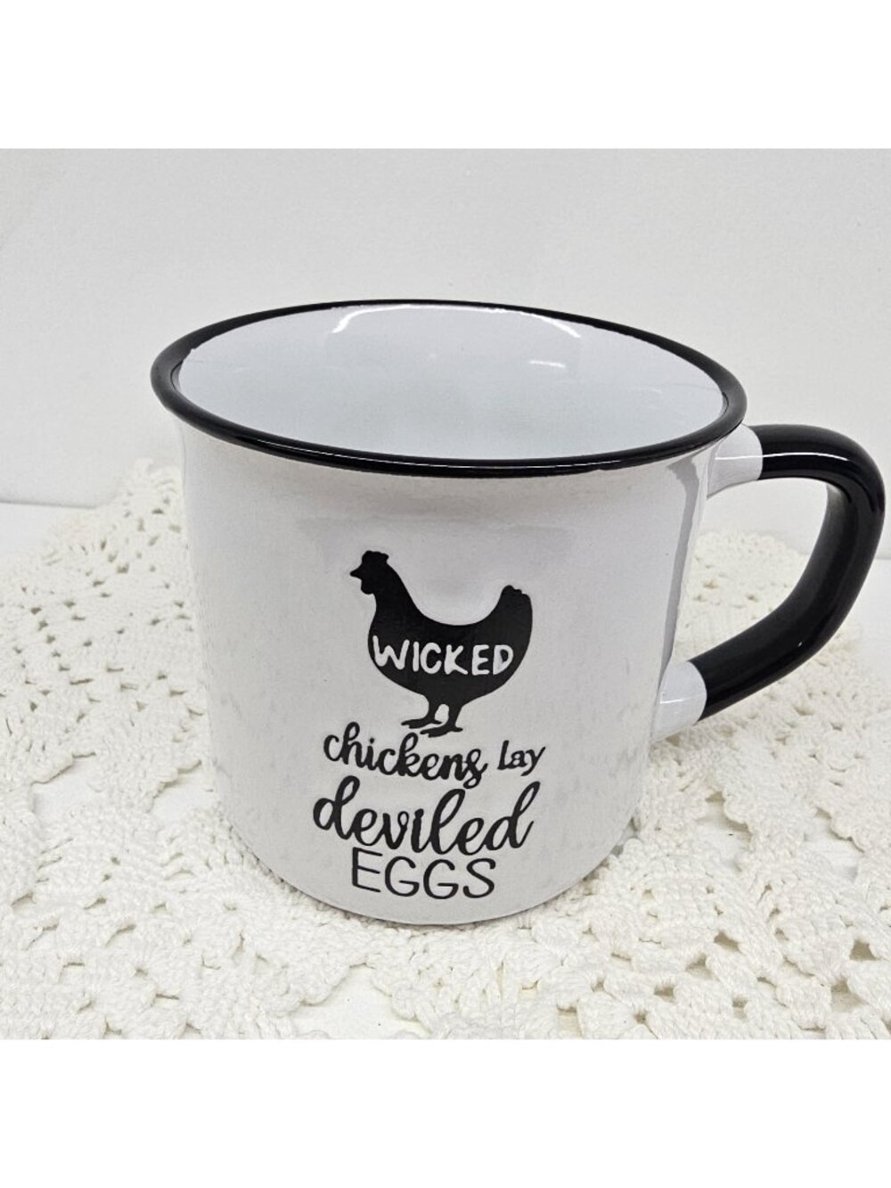 Wicked Chickens Lay Deviled Eggs Mug White Black Rim Funny Country Kitchen Gift